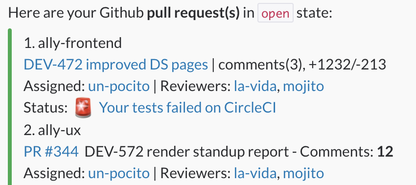 Ally sends to Slack open pull requests in Github report